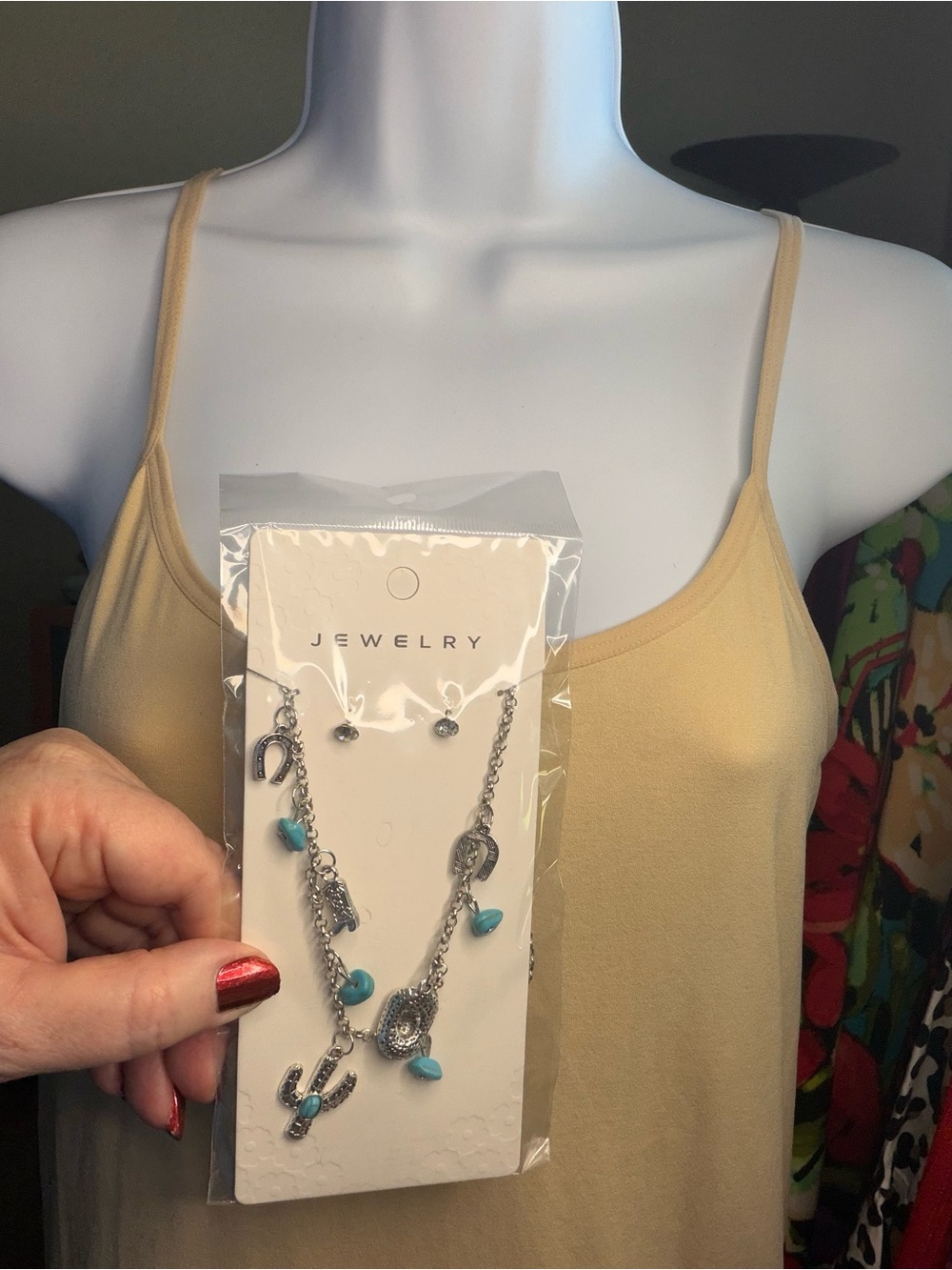 NWT Western Cowgirl Charm Necklace & Earrings Set Cactus Horseshoe